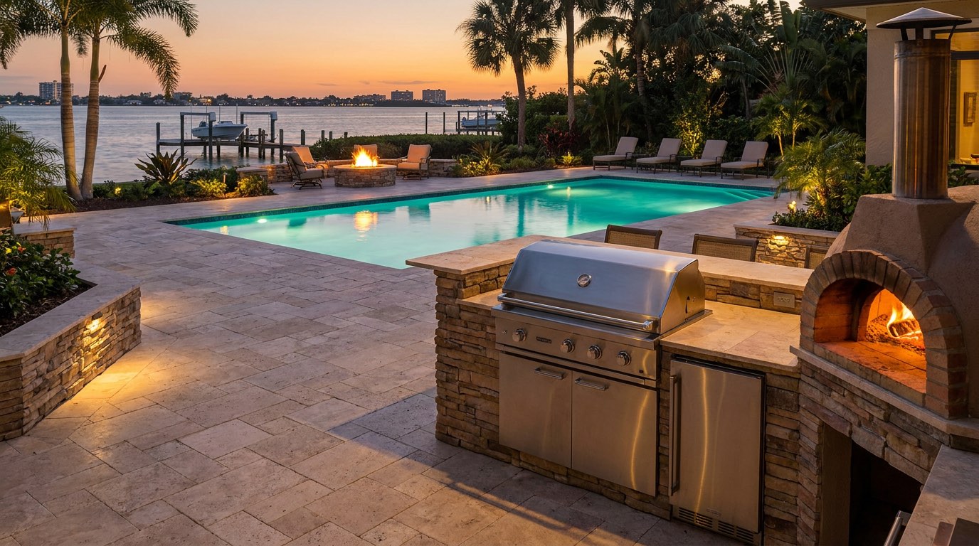 Outdoor kitchen at dusk beside a Sarasota pool