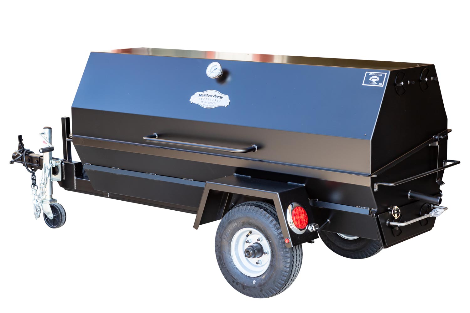 Meadow Creek PR72T charcoal pig roaster trailer with spare tire and charcoal pullout